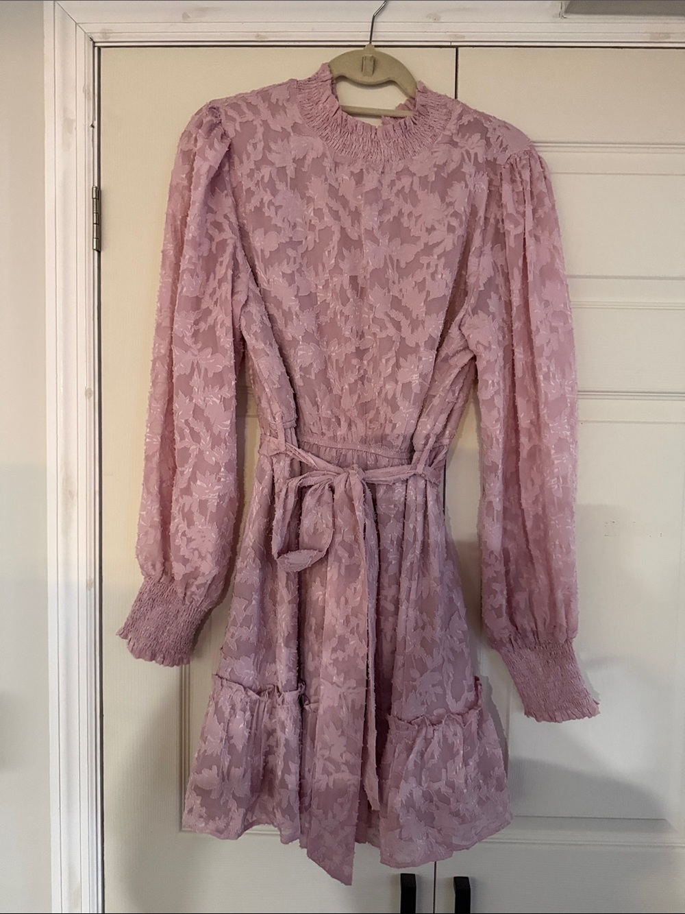 Pink Lace Long Sleeve Tie-Waist Mini Dress